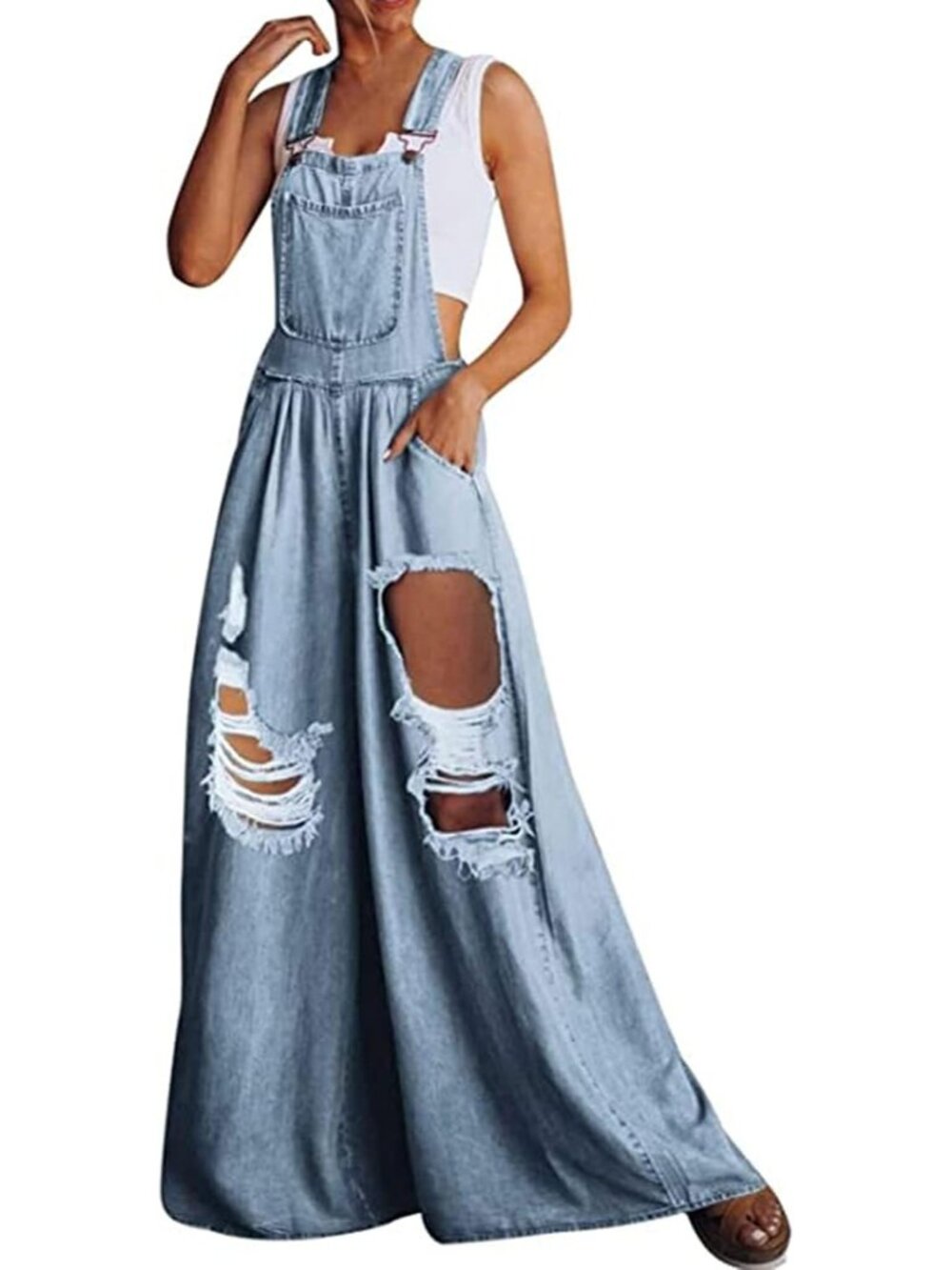 Women's Light Blue2 Ripped Adjustable Denim Overalls Baggy Wide Leg Jumpsuit